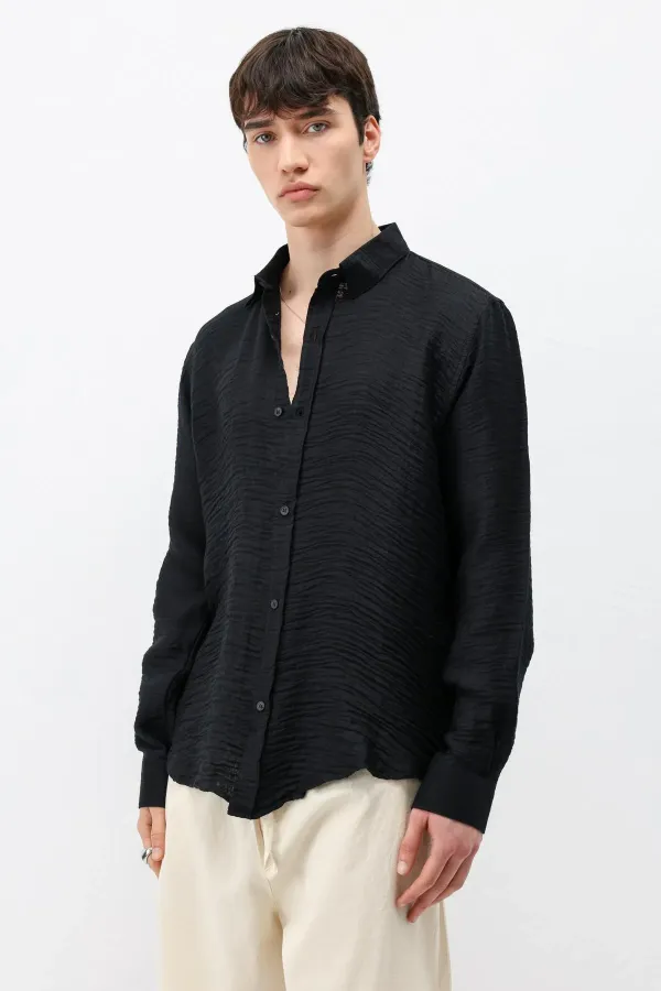 Dokulu Oversize Gömlek Siyah