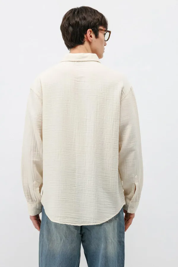Dokulu Pamuklu Oversize Gömlek Naturel