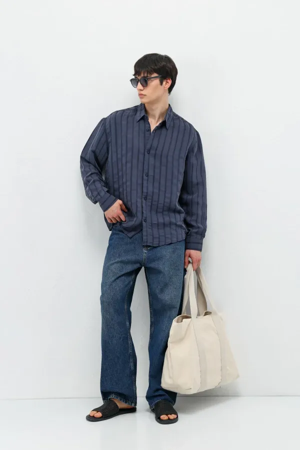 Çizgili Oversize Gömlek Lacivert