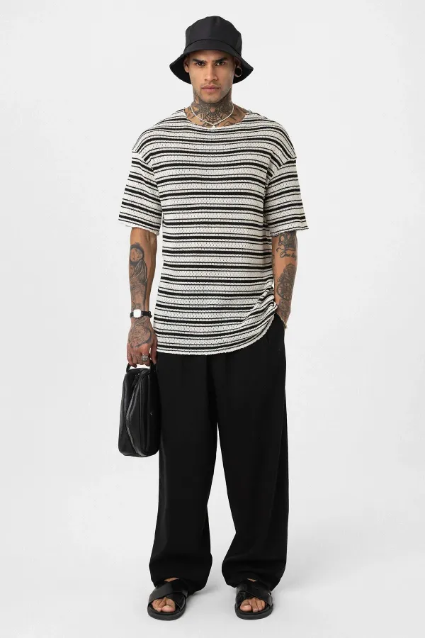 Striped Oversize Knit T-Shirt Black