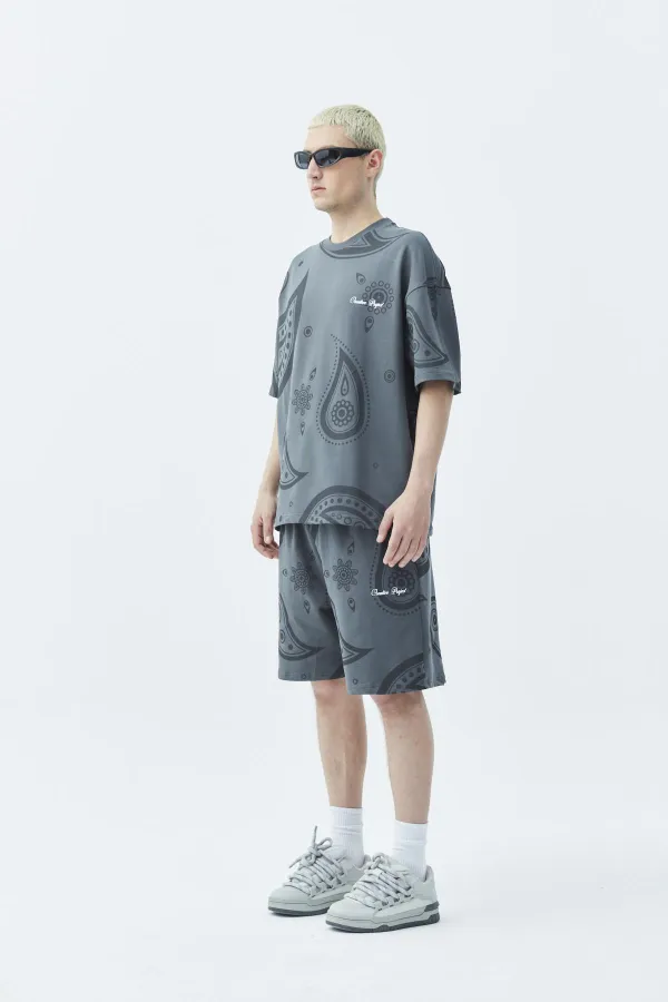 Oversize Desenli Şort Tişört Takım Koyu Füme