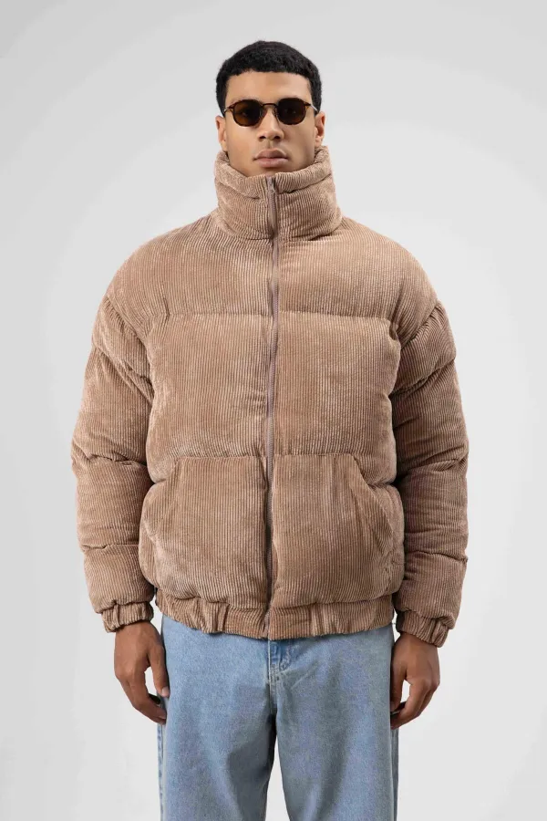 Oversize Kadife Şişme Mont Vizon