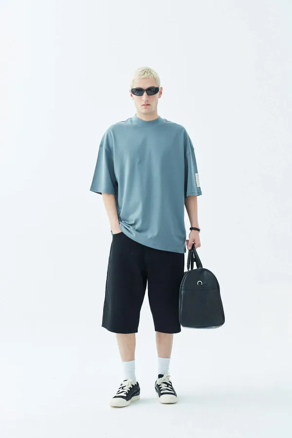 Balıkçı Yaka Etiket Detaylı Oversize Tişört - Açık Füme Füme