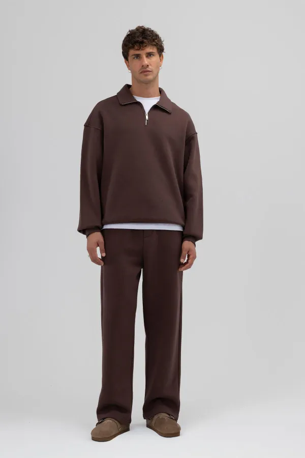 Oversize Zip-Up Stand-Up Collar Sweatshirt, Brown