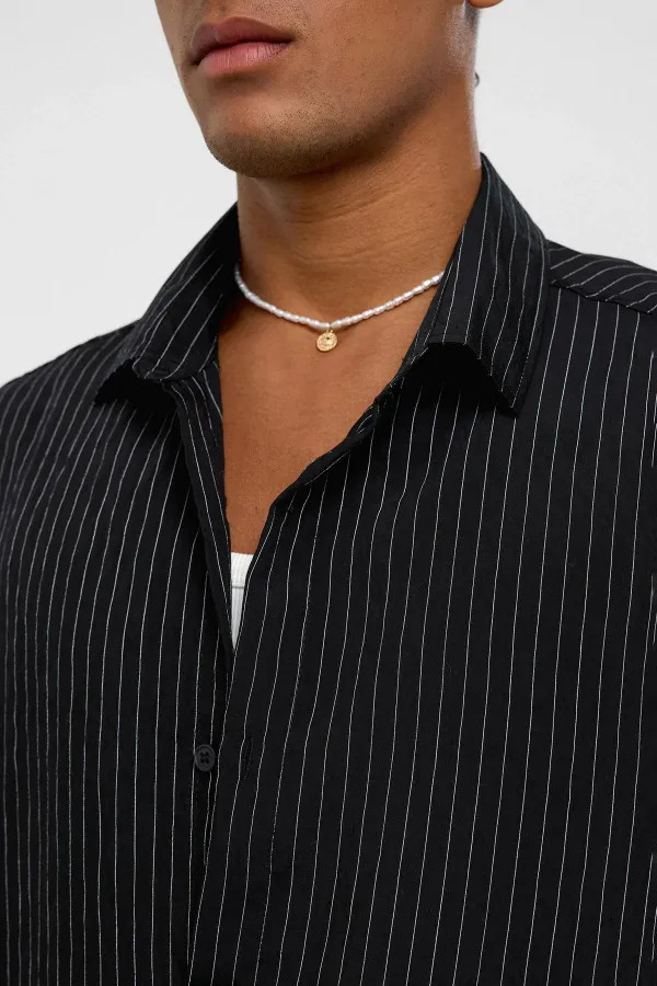 Oversize Çizgili Uzun Kollu Gömlek Siyah