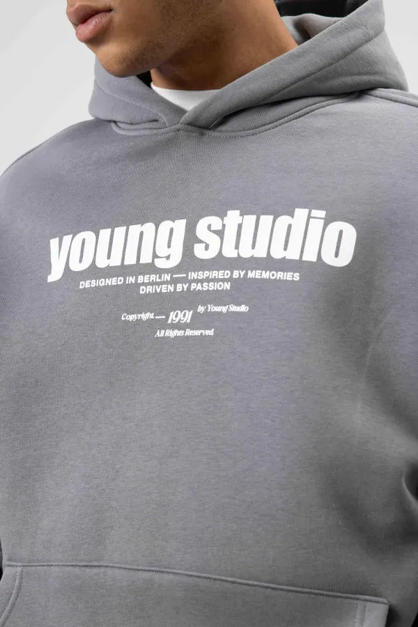 Oversize Baskılı Kapüşonlu Sweatshirt Füme