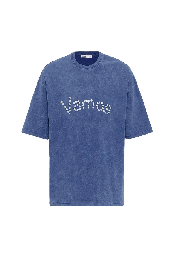 Yıkamalı Düğme Detaylı Oversize Tişört İndigo