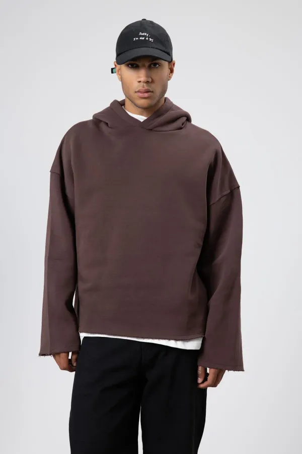 Basic Oversize Seamless Hooded Sweatshirt, Brown
