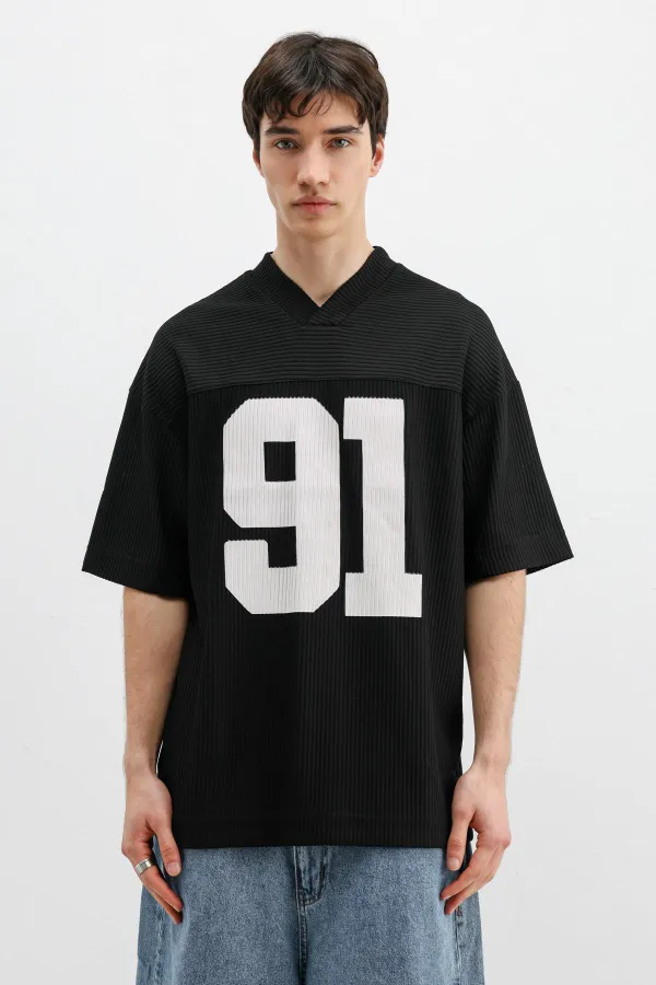 Printed Corduroy Oversize T-Shirt Black