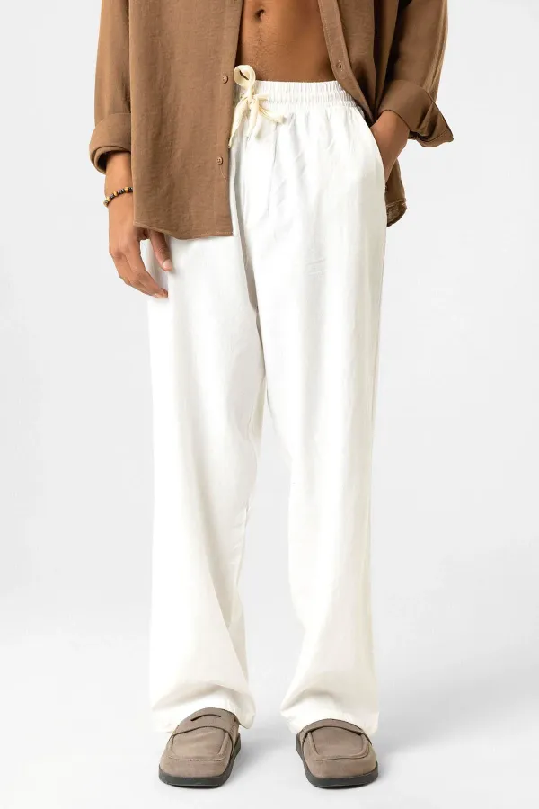 Pantalon ample en lin avec taille élastiquée, écru