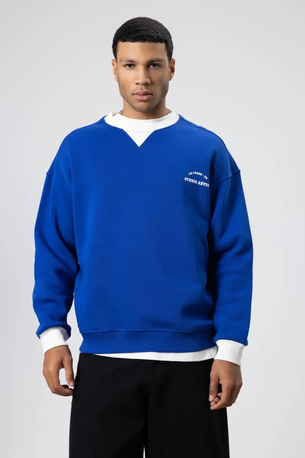 Oversize Bisiklet Yaka Baskılı Sweatshirt Saks