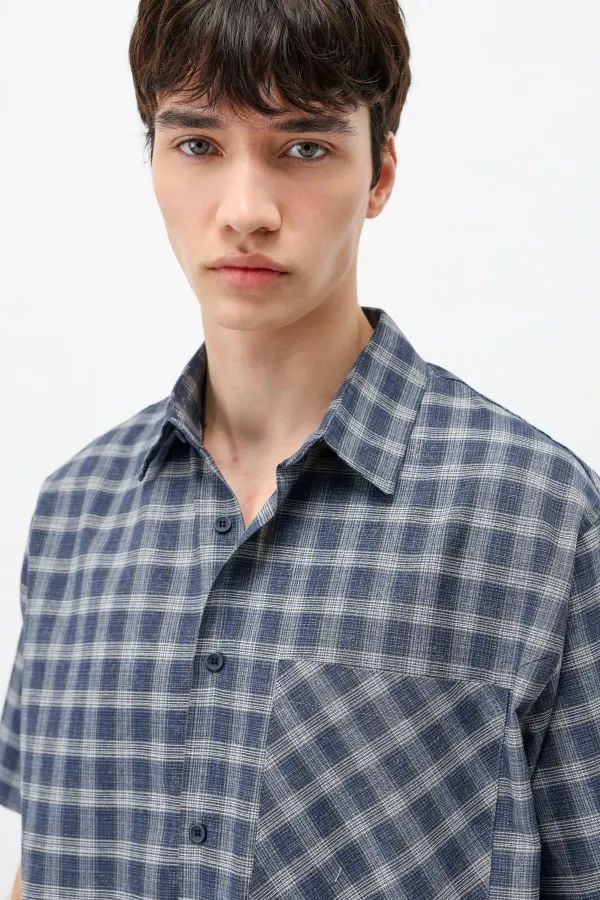 Chemise oversize à manches courtes à carreaux, bleu marine