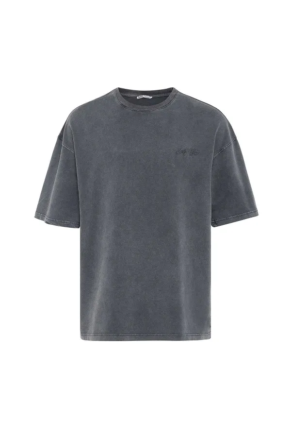 Yıkamalı Oversize Arka Baskılı Tişört Siyah