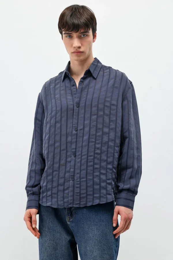 Çizgili Oversize Gömlek Lacivert
