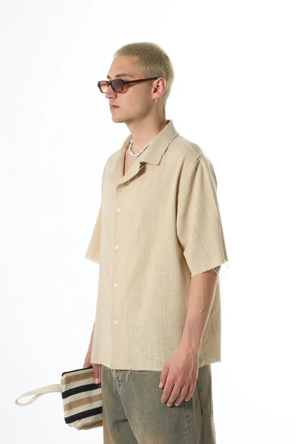 Dikişsiz Kısa Kol Cepsiz Oversize Keten Gömlek Bej