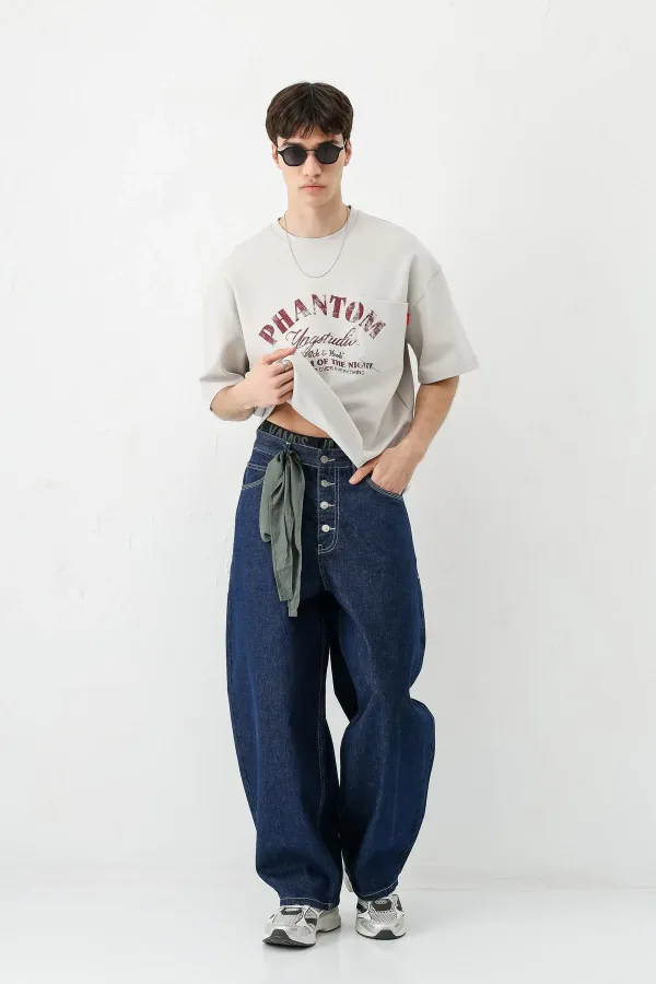 Kısa Kollu Boxy Fit Baskılı Tişört Gri