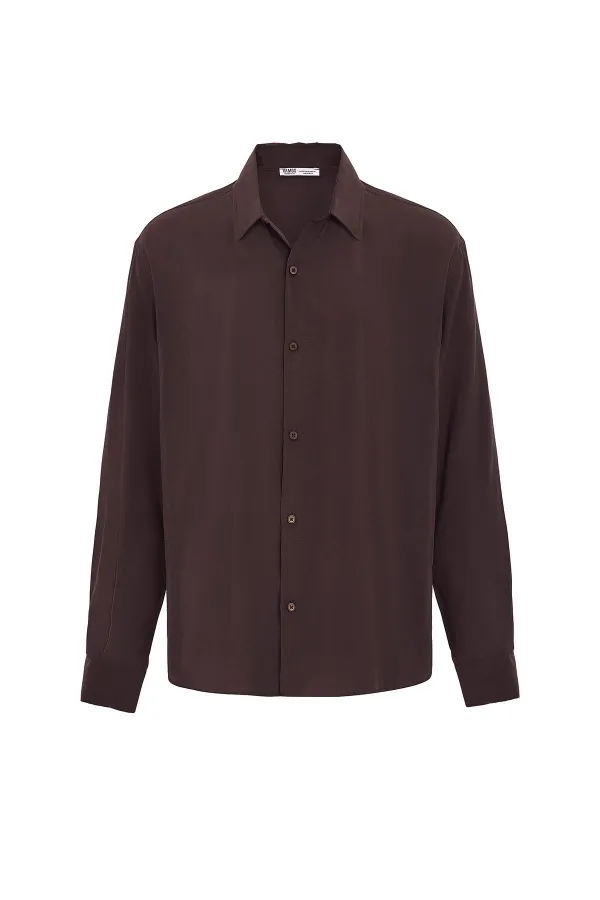 Basıc Oversize Uzun Kollu Modal Karışımlı Gömlek Kahve