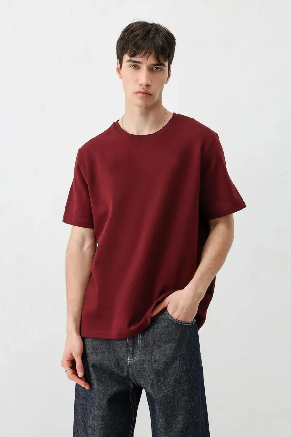 Kısa Kollu Boxy Fit Tişört Bordo