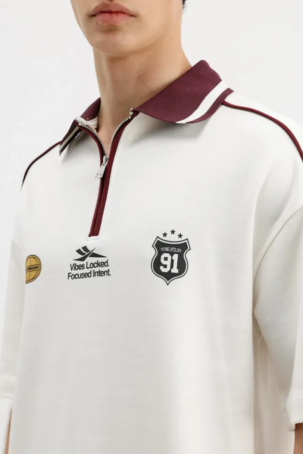 Fermuarlı Yaka Baskılı Oversize Tişört Ekru