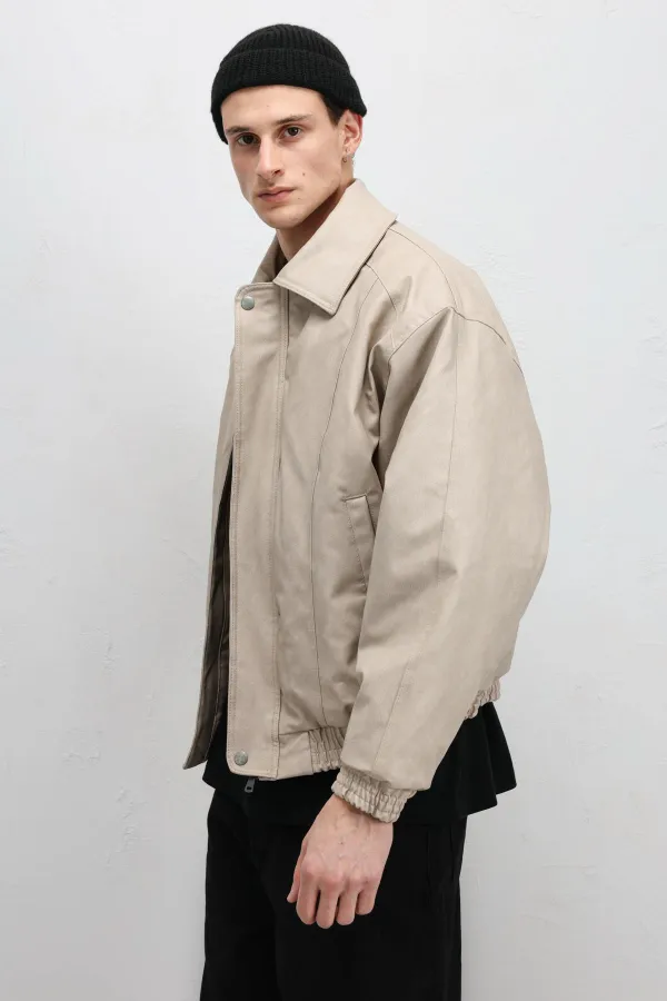 Blouson aviateur oversize en cuir couleur pierre