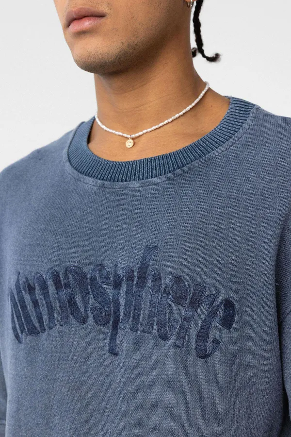 Yıkamalı Oversize Baskılı Tişört İndigo