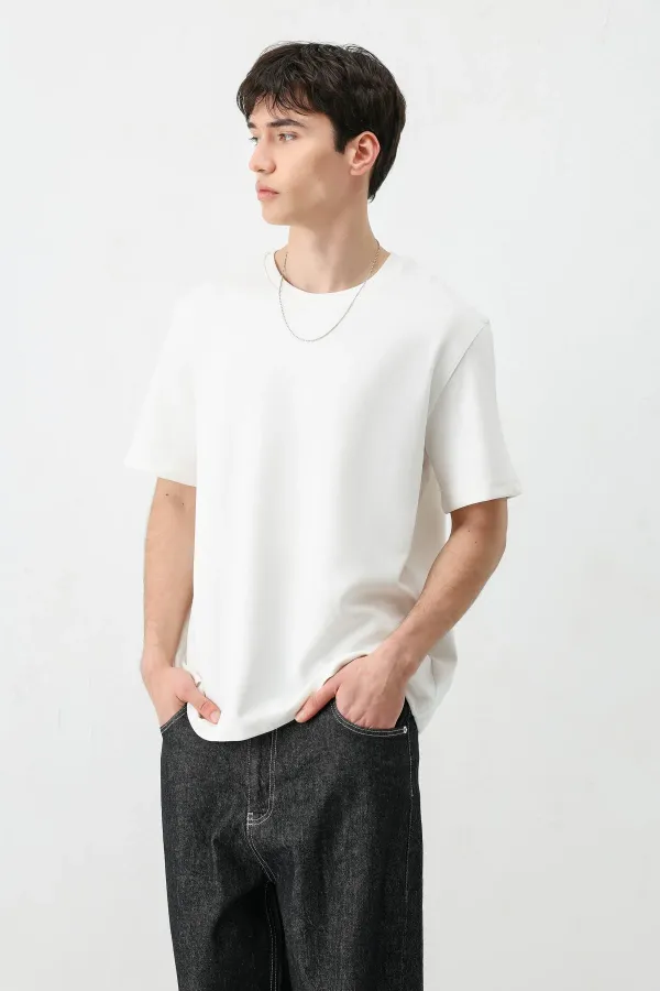 Kısa Kollu Boxy Fit Tişört Ekru