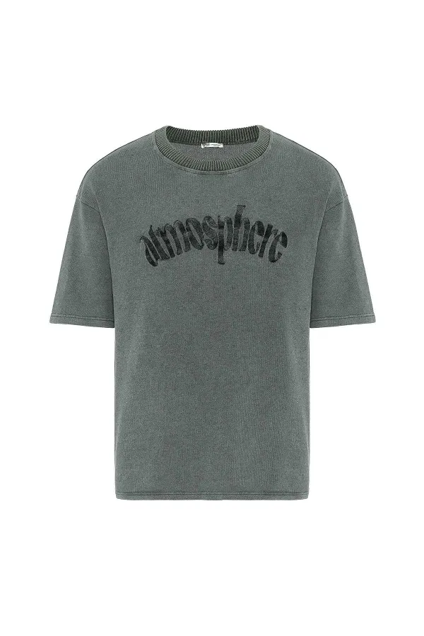 Yıkamalı Oversize Baskılı Tişört Yeşil