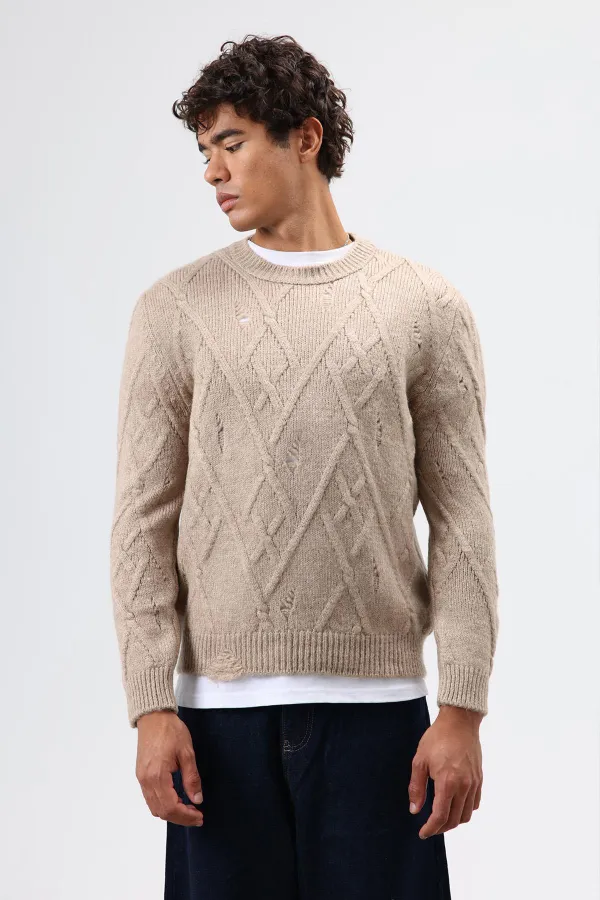 Oversize Patterned Knit Sweater, Beige