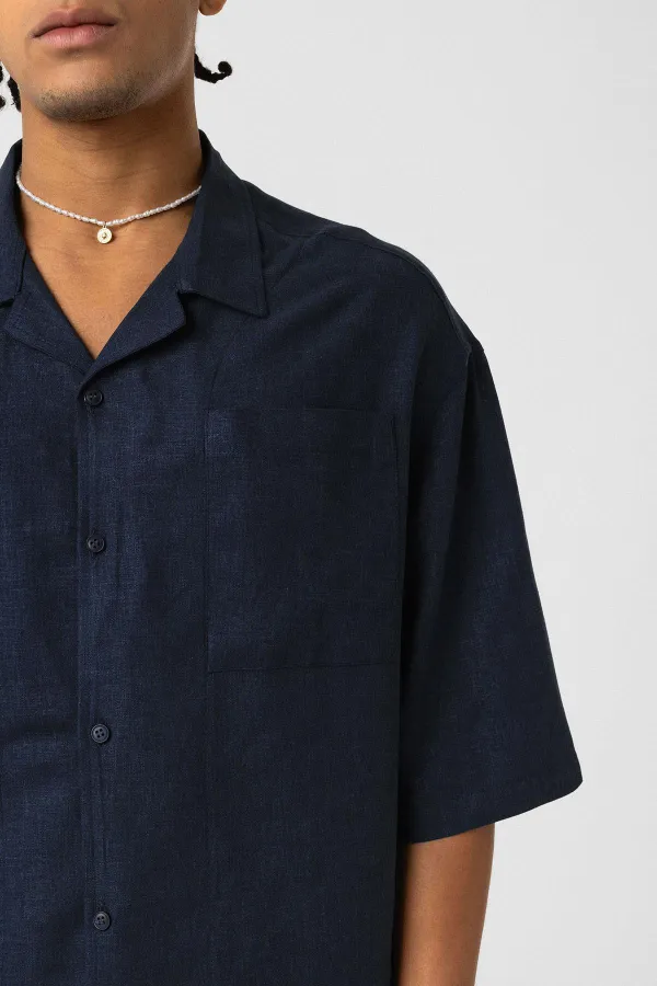 Double Pocket Oversize Linen Shirt Navy Blue
