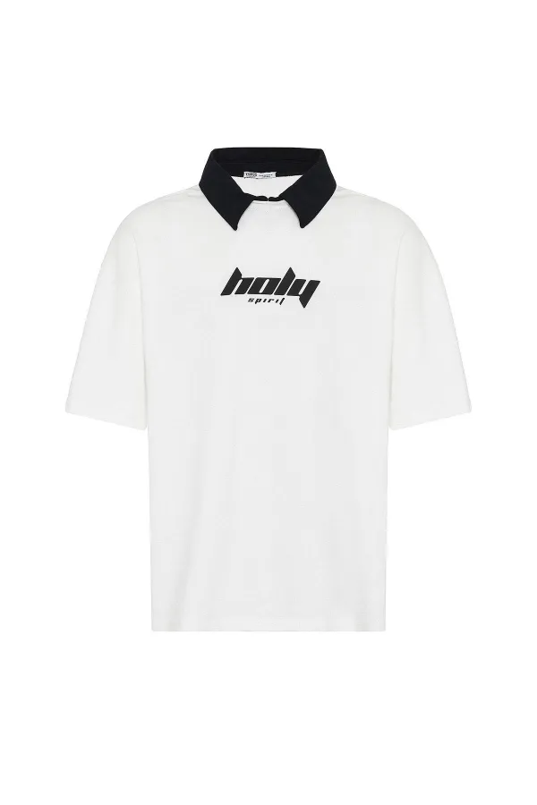 Polo Yaka Oversize Baskılı Tişört Ekru