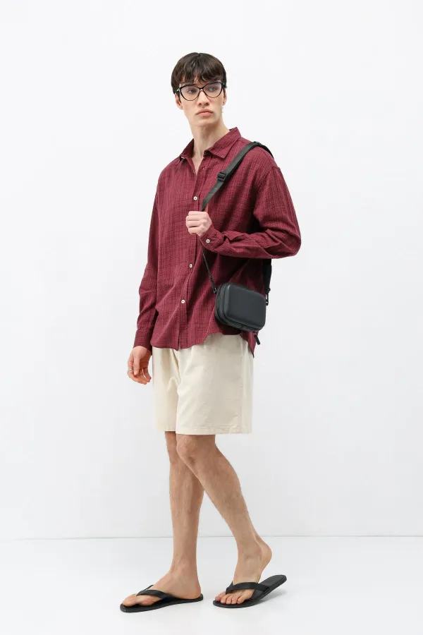 Dokulu Keten Görünümlü Oversize Gömlek Bordo