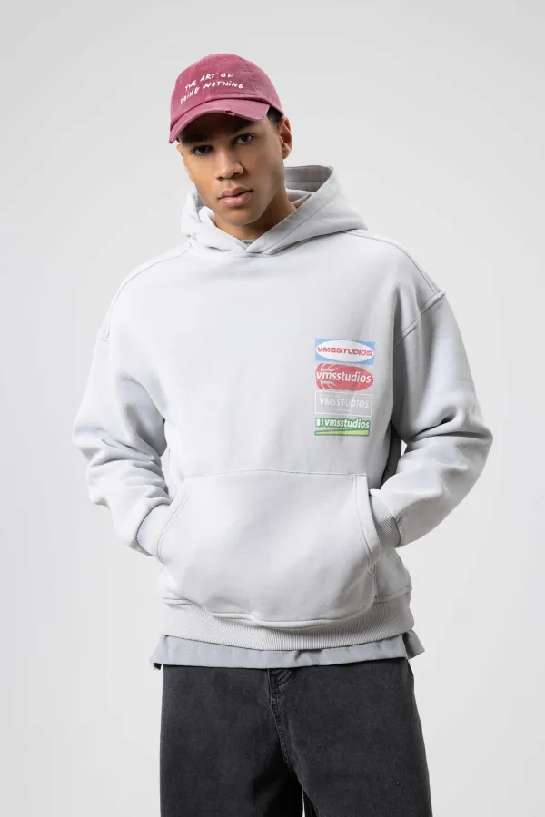 Oversize Yıkamalı Baskılı Kapüşonlu Sweatshirt Açık Gri