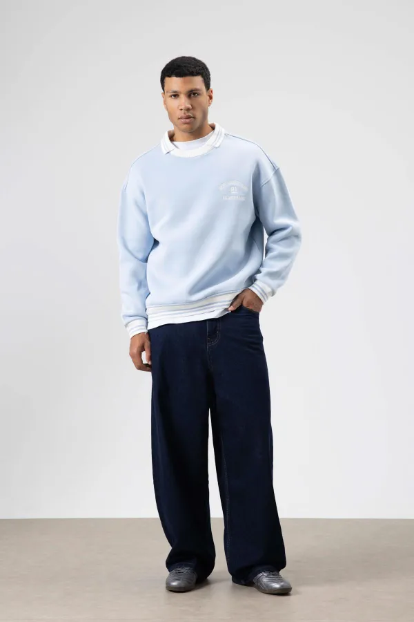 Oversize Yaka Nakış Detaylı Sweatshirt Bebe Mavi