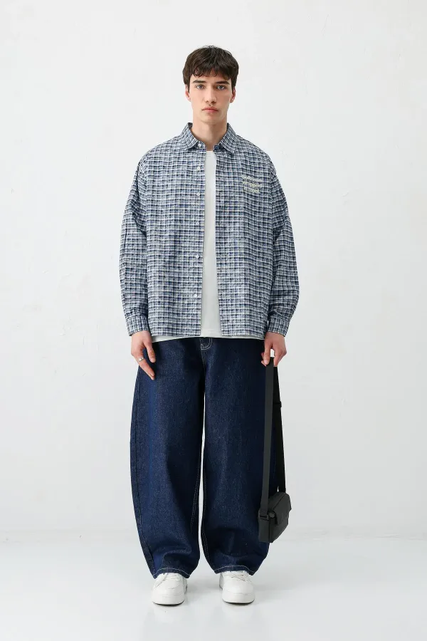 Chemise à carreaux à manches longues, bleu marine.