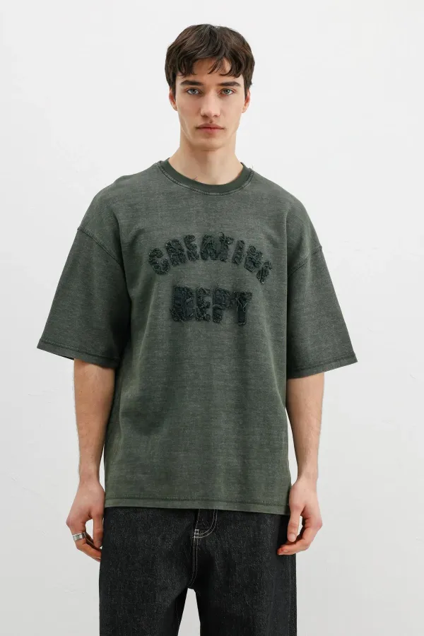 Yıkamalı Yazı Baskılı Oversize Tişört Nefti