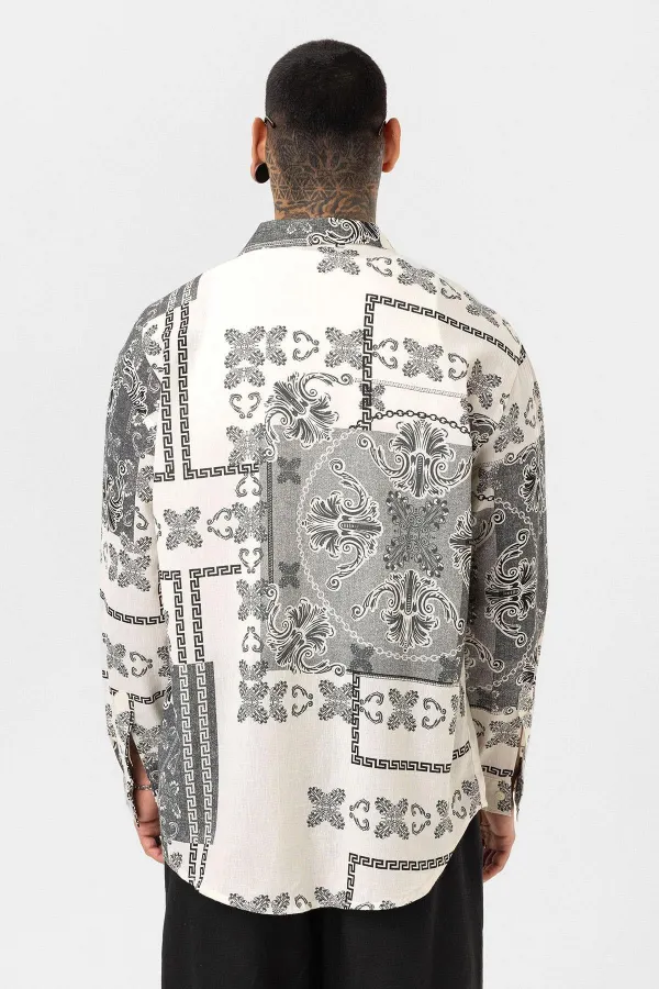 Chemise oversize à motifs ethniques, noire