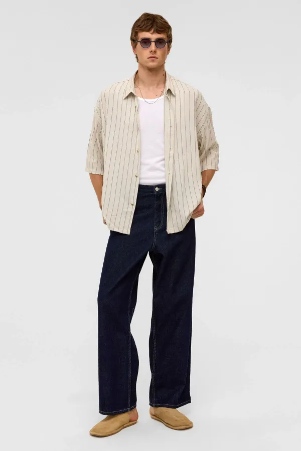 Oversize Çizgili Kısa Kollu Keten Gömlek İndigo