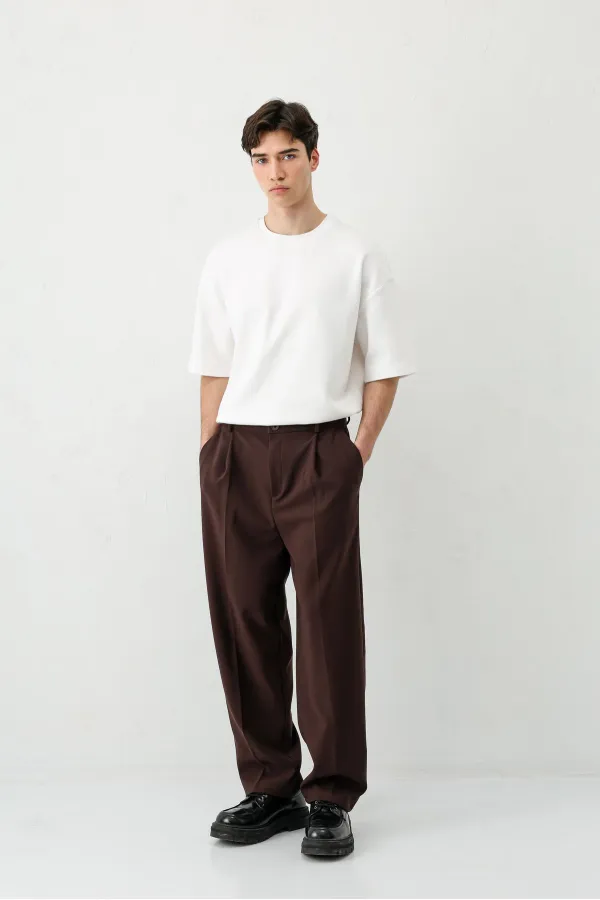 Baggy Fit Pleated Trousers, Brown