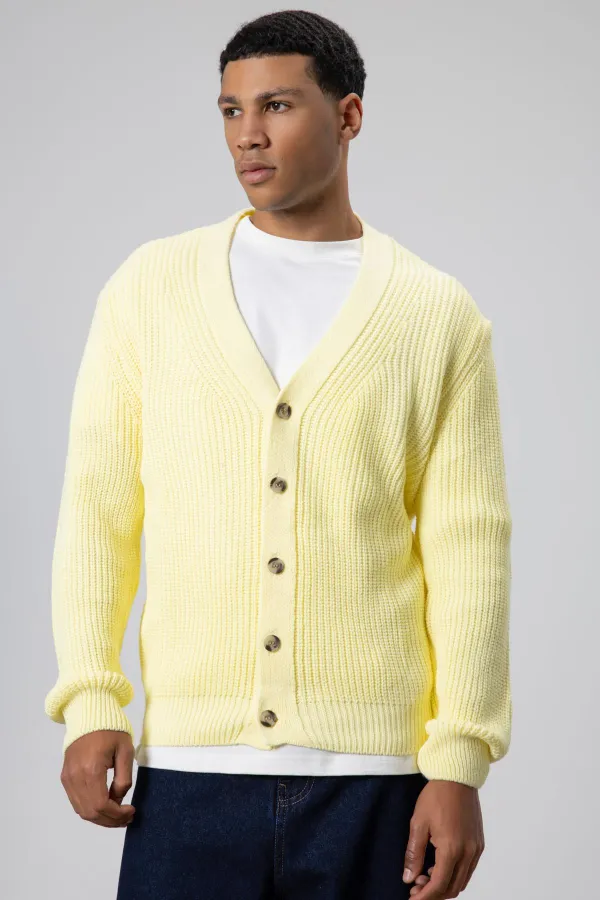 V Yaka Düğmeli Örgü Hırka Kazak Sarı