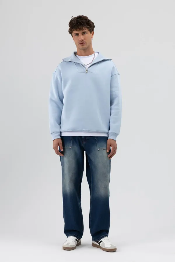 Basic Zip-Up Stand-Up Collar Sweatshirt Baby Blue