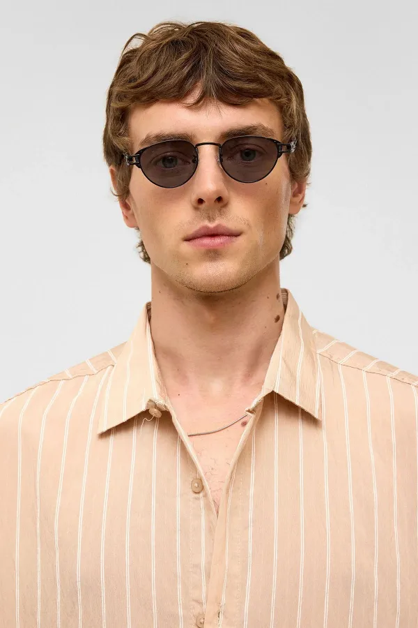 Oversize Çizgili Uzun Kol Gömlek Bej