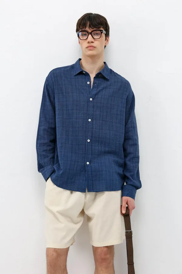 Dokulu Keten Görünümlü Oversize Gömlek Lacivert