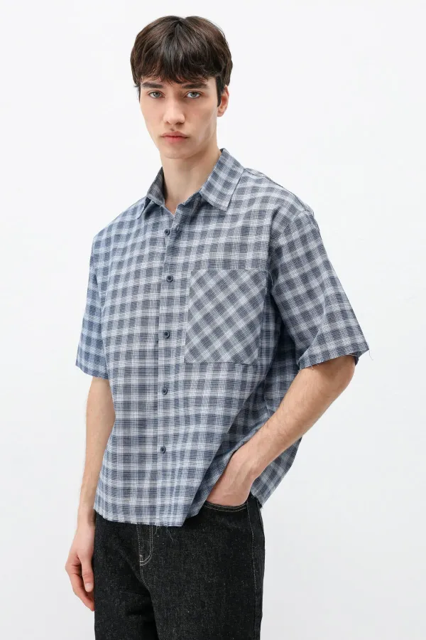 Chemise oversize à manches courtes à carreaux, bleue