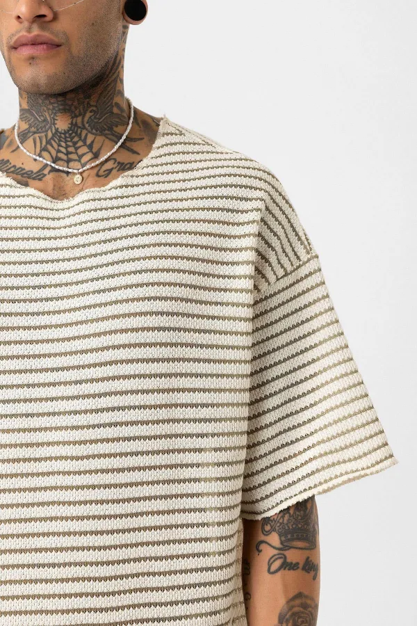 T-shirt rayé oversize en maille kaki