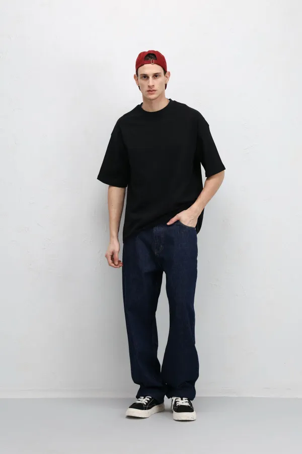 Basic Oversize Bisiklet Yaka Tişört Siyah