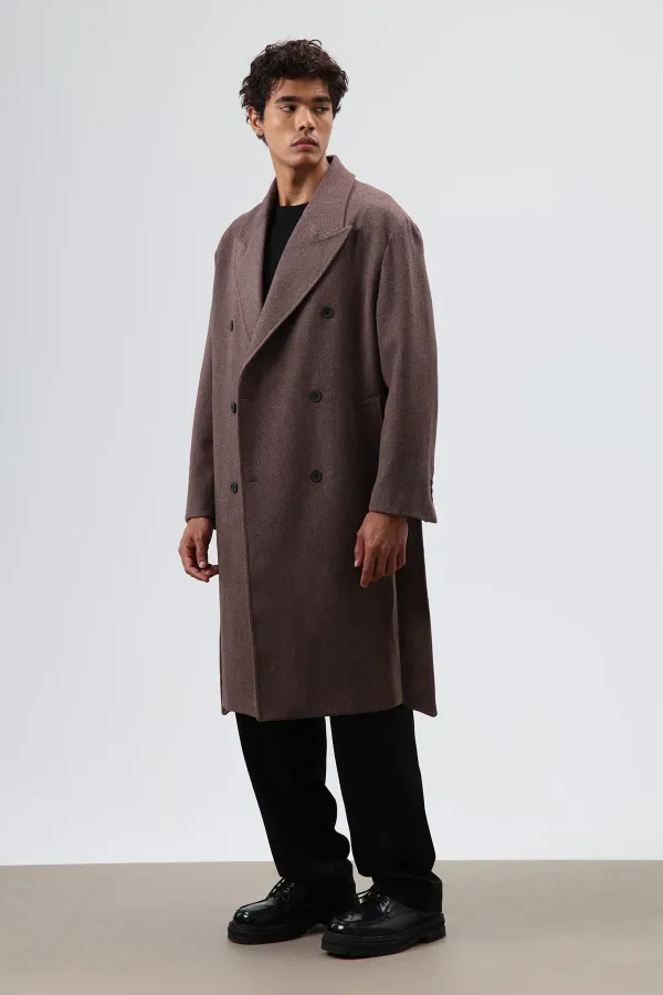 Oversize Kruvaze Kaşe Kaban Açık Kahve