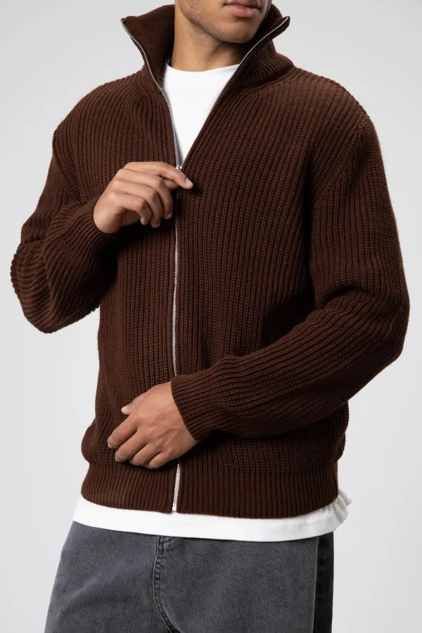 Oversize Fermuarlı Triko Hırka Kahve