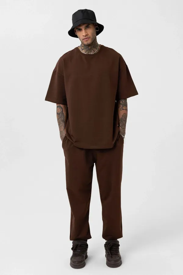 Paça Lastikli Basic Oversize Eşofman Takımı Kahve