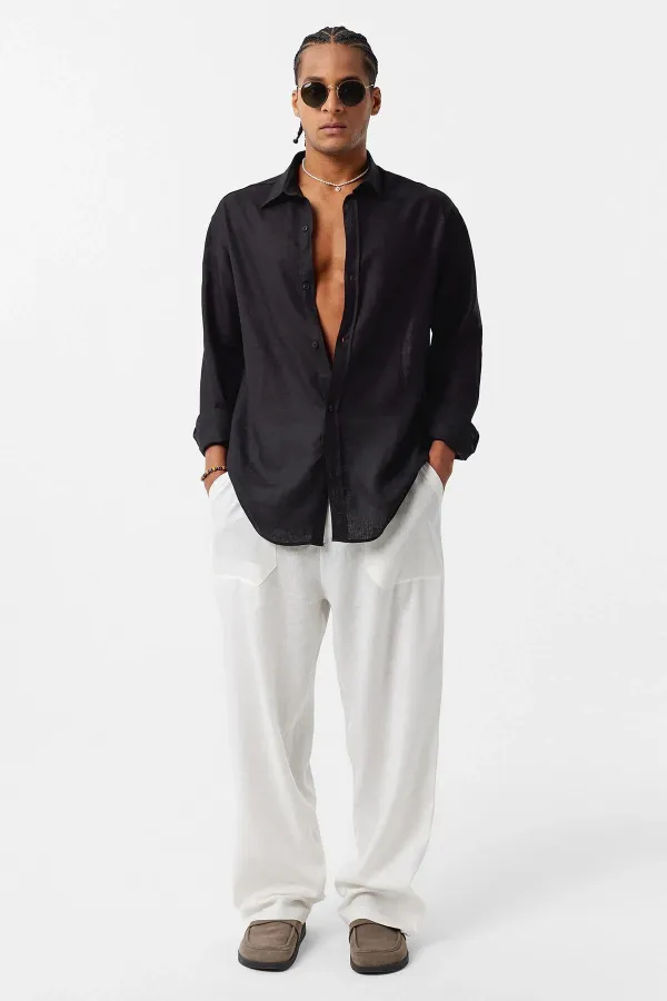 Basic Oversize Uzun Kollu Keten Gömlek Siyah