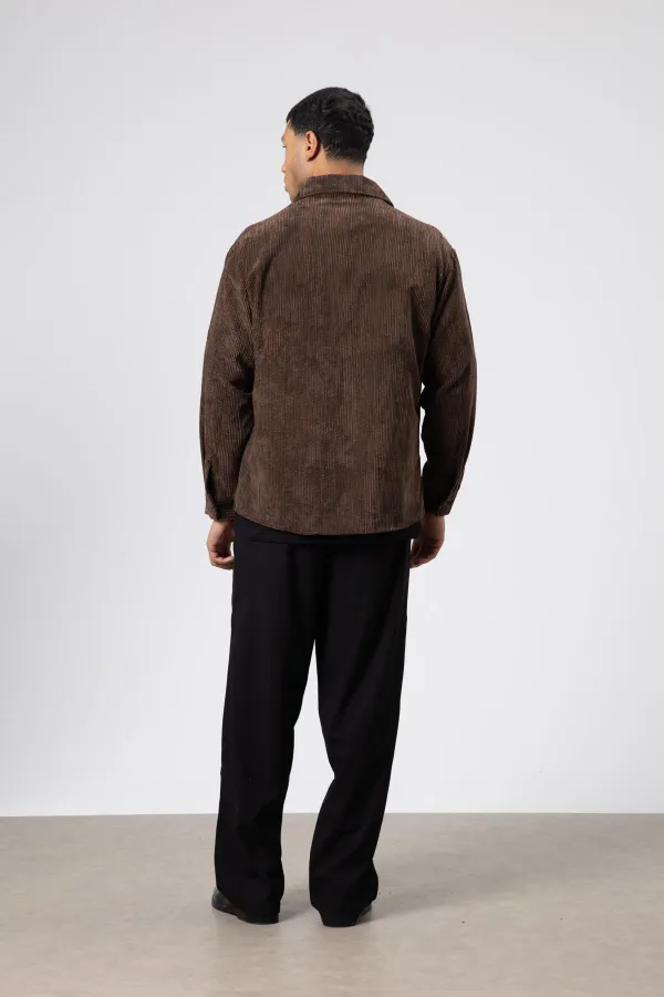 Oversize Dokulu Gömlek Kahve